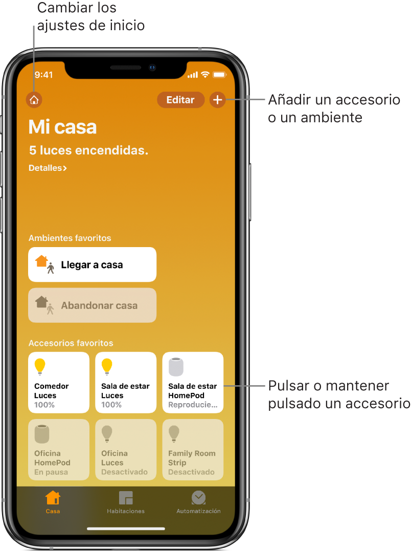 Pestaña Casa, con ambientes y accesorios que se han marcado como favoritos. Además se muestra un resumen del estado de la casa. También se muestran las pestañas Habitaciones y Automatización en la parte inferior de la pantalla.