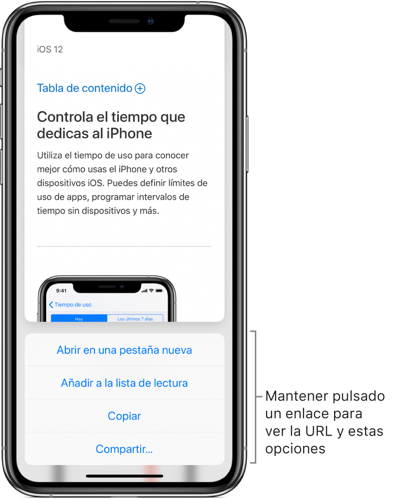 Superposición con una vista previa de la dirección URL de destino seguida de una lista de posible acciones: “Abrir en una pestaña nueva”, “Añadir a la lista de lectura”, Copiar o Compartir.