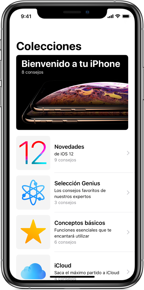 Pantalla con colecciones de Consejos con flechas hacia la derecha que indican que puedes pulsar una colección para ver los consejos que incluye.
