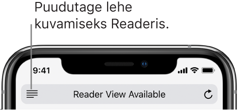 Safari aadressiväli koos vasakul oleva nupuga Reader.