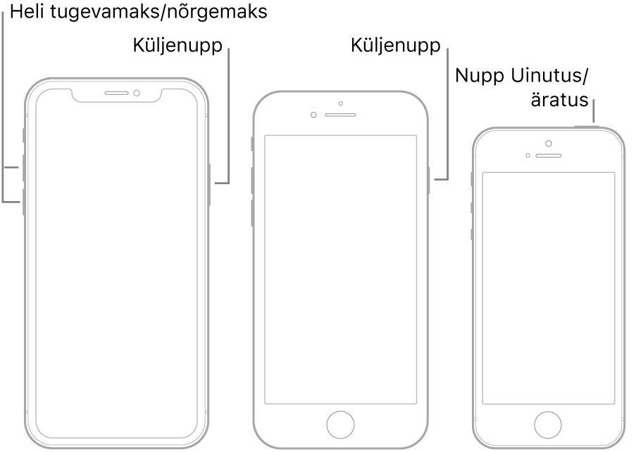 Kolme tüüpi iPhone’i mudelite joonised, kus kõigi ekraanid on suunatud ülespoole. Vasakpoolsel joonisel on näha, kuidas helitugevuse suurendamise ja vähendamise nupud asuvad seadme vasakul küljel. Küljenupp asub paremal. Keskmisel joonisel kuvatakse seadme paremal küljel asuvat küljenuppu. Kõige parempoolsemal joonisel kuvatakse seadme ülaosas asuvat nuppu Uinutus/äratus.