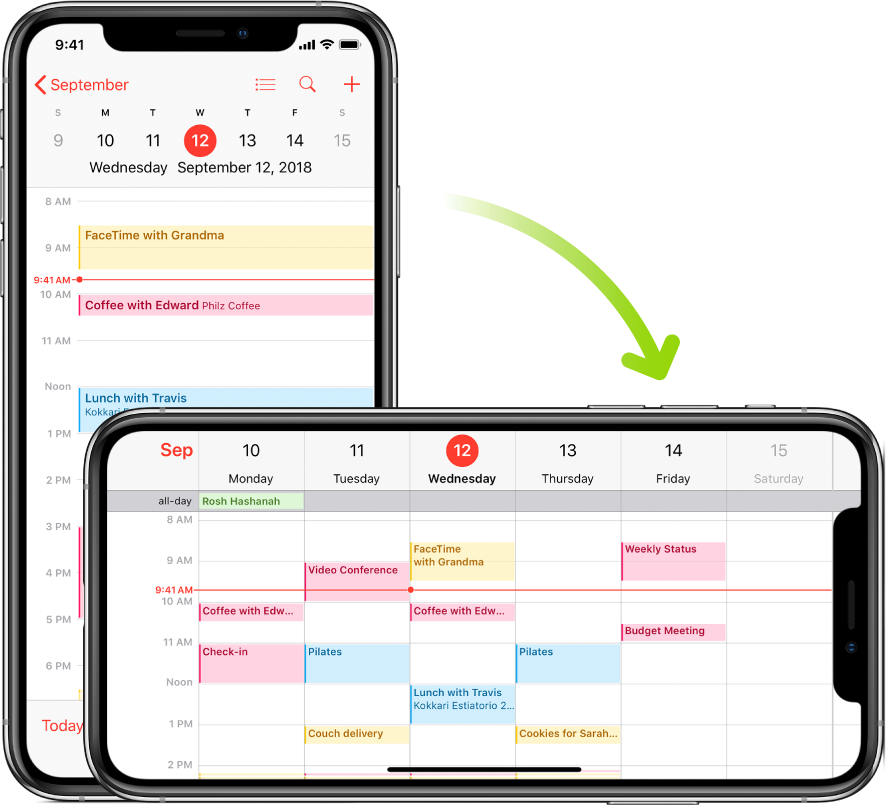 iPhone kuvab taustal rakenduse Calendar kuva, milles on ühe päeva sündmused püstformaadis; esiplaanil on iPhone pööratud rõhtasendisse ning seal kuvatakse rakenduse Calendar sama päeva hõlmava kogu nädala sündmusi.