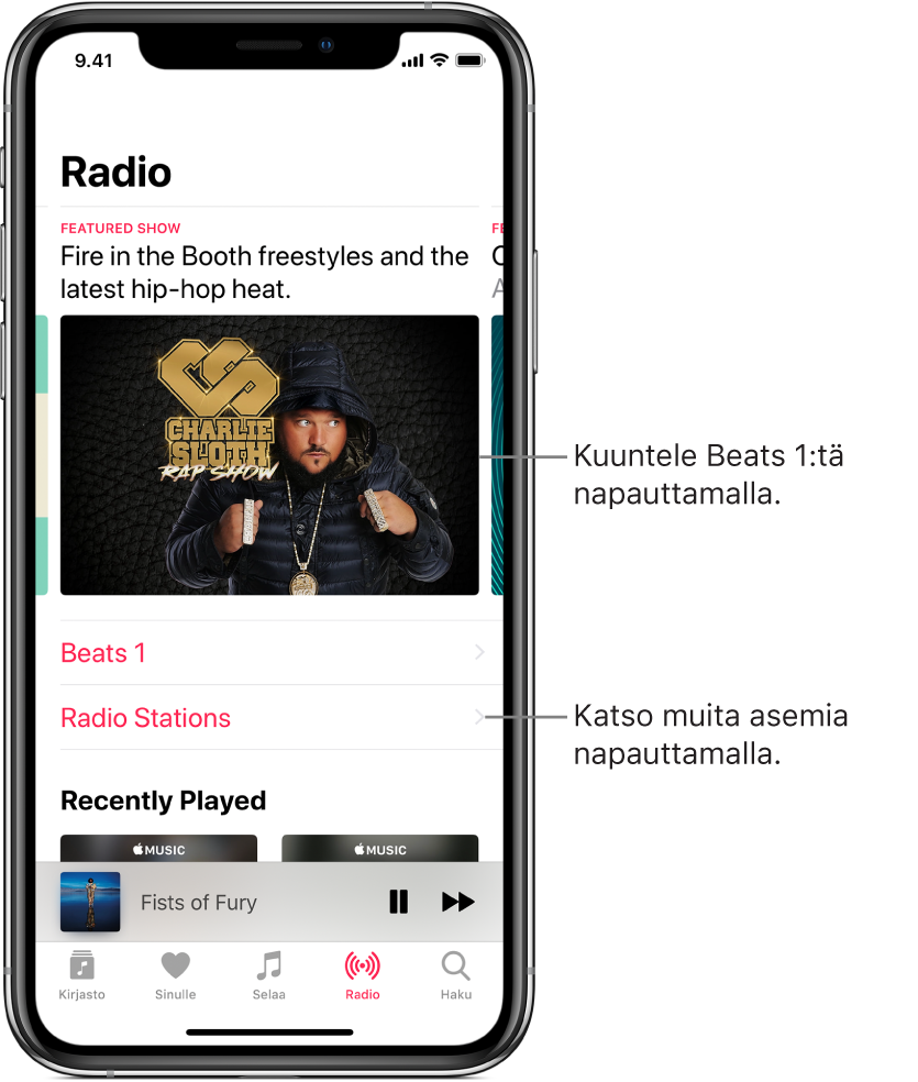 Radio-näyttö, jossa näkyy Beats 1 -radio yläreunassa. Alapuolella ovat Beats 1 ja Radioasemat.