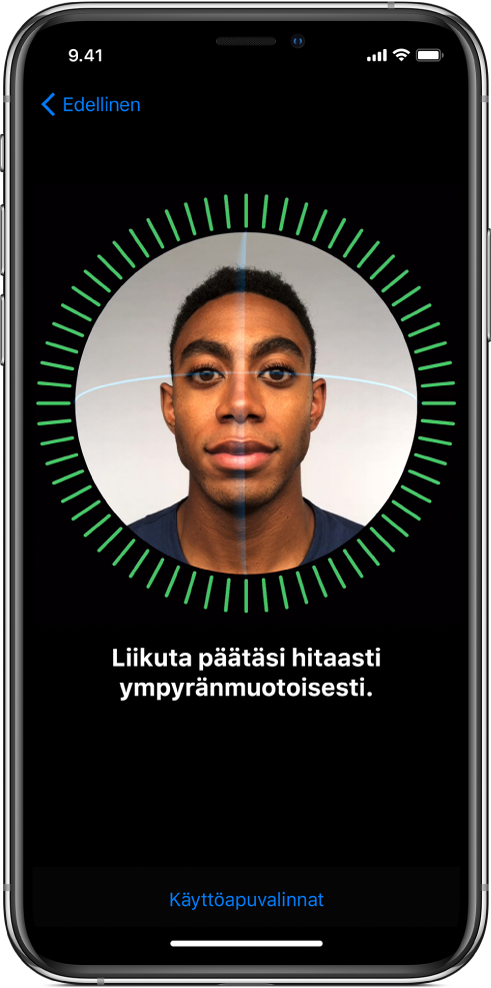 Näyttö, jossa näkyy Face ID:n käyttöönottoprosessi.