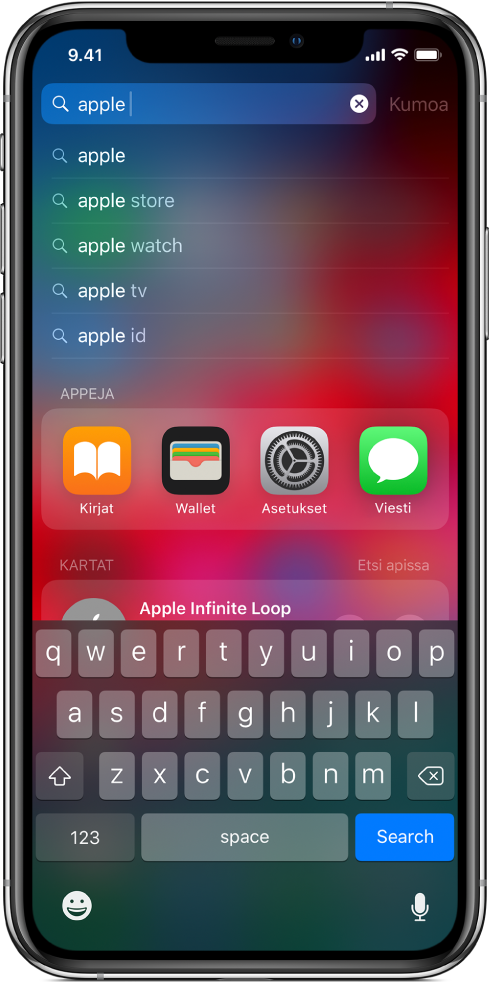 Näyttö, jossa näkyy sisällön hakeminen iPhonesta. Ylhäällä on hakukenttä, jossa on haettava teksti ”apple”, ja sen alapuolella ovat kohteena olevasta tekstistä löytyneet hakutulokset.