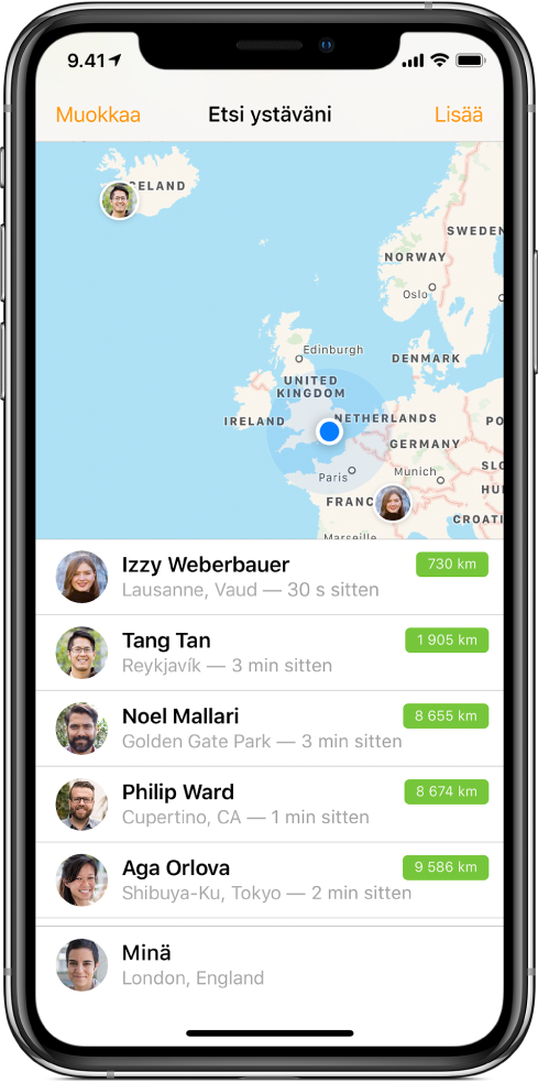 Etsi ystäväni -näkymä, jonka yläosassa kartta näyttää ystävien sijainnit la alaosassa luettelo kertoo ystävien nimet, sijainnit ja etäisyyden sinusta.