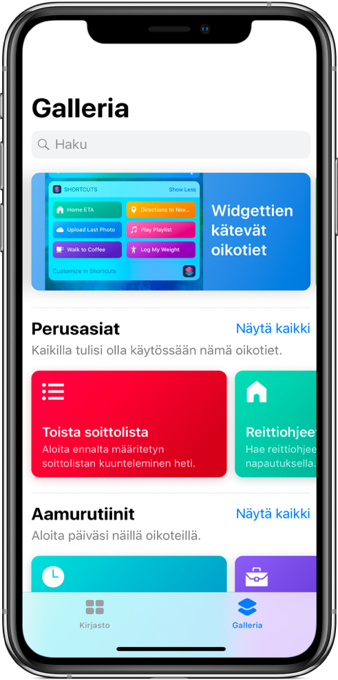 Oikotiet-apin Galleria-välilehti, jossa näkyy oikotie-ehdotuksia.