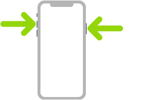 Kuva iPhonesta, jossa nuolet osoittavat oikeassa yläkulmassa olevaan sivupainikkeeseen ja vasemmassa yläkulmassa olevaan äänenvoimakkuuden lisäyspainikkeeseen.