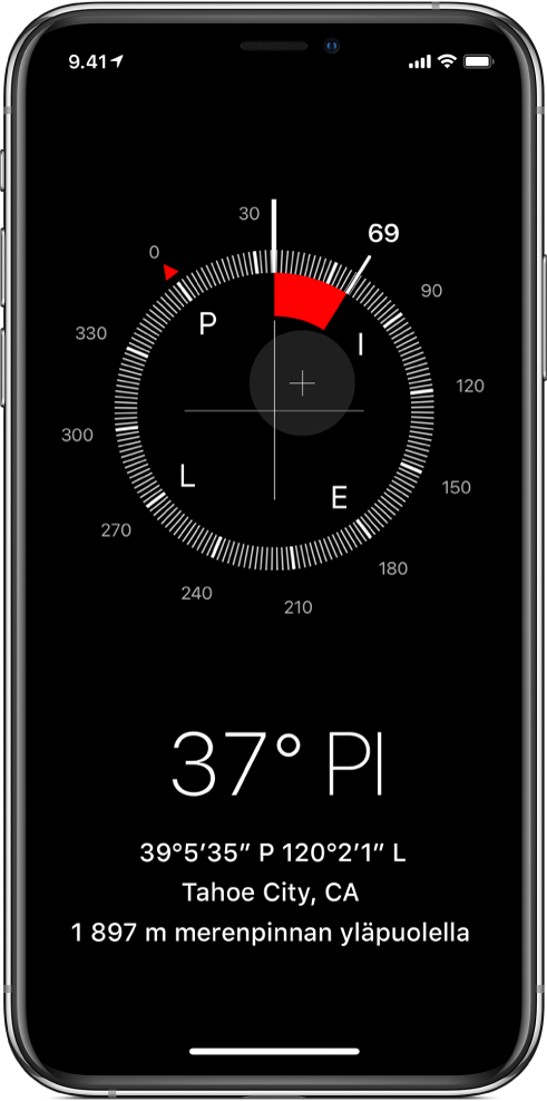 Kompassi-näkymä, joka kertoo, mihin suuntaan iPhone osoittaa, mikä on nykyinen sijainti ja kuinka korkealla ollaan.