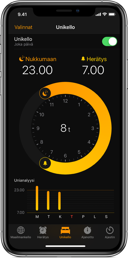 Unikello-painike on valittuna Kello-apissa, jossa näkyy nukkumaanmenoaika kello 23 ja herätysaika kello 7 aamulla.