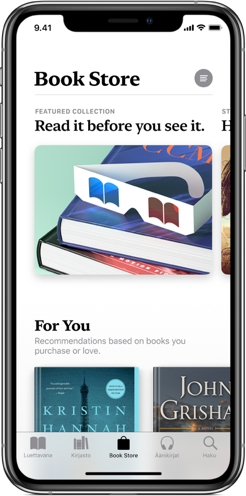 Kirjat-appi, jossa näyttö Book Storesta. Näytön alareunassa vasemmalta oikealle ovat seuraavat välilehdet: Luettavana, Kirjasto, Book Store, Äänikirjat ja Haku. Book Store -välilehti on valittuna. Näytössä näkyy myös kirjoja ja kirjakategorioita, joita voi selata ja ostaa.
