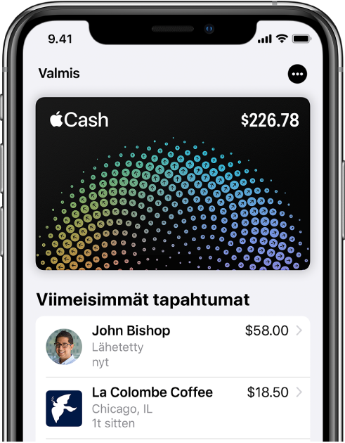 Apple Cash -kortti Walletissa, Lisää-painike yläoikealla ja viimeisimmät tapahtumat kortin alapuolella.