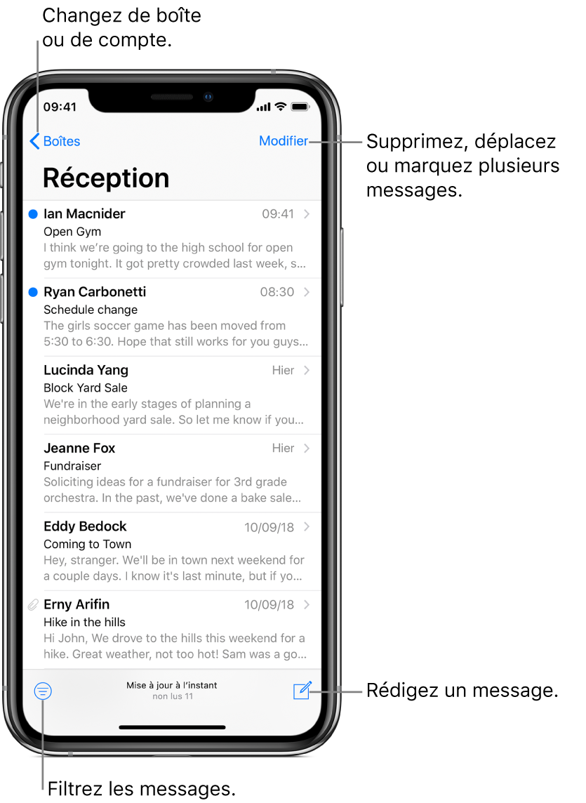La boîte de réception affichant une liste d’e-mails. Le bouton Boîtes permettant de passer à une autre boîte aux lettres se trouve dans le coin supérieur gauche. Le bouton Modifier permettant de supprimer, déplacer ou marquer des e-mails se trouve dans le coin supérieur droit. Le bouton permettant de filtrer les e-mails pour n’afficher que certains d’entre eux se trouve dans le coin inférieur gauche. Le bouton permettant de rédiger un nouvel e-mail se trouve dans le coin inférieur droit.