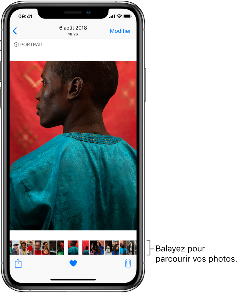 Une photo, avec les vignettes d’autres photos au bas de l’écran. En haut à gauche se trouve un bouton Retour permettant de revenir à l’onglet que vous étiez en train de parcourir. En bas, vous trouverez les boutons Partager, Aimer et Supprimer. En haut à droite se trouve le bouton Modifier.
