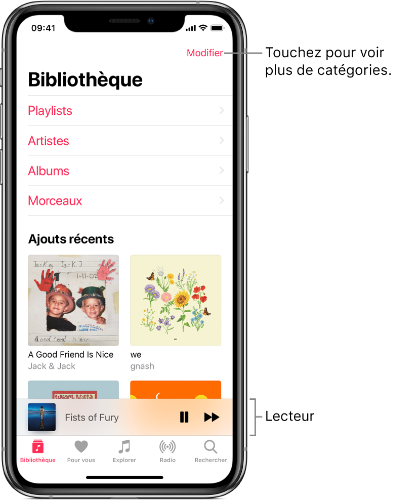 L’écran Bibliothèque avec une liste de catégories contenant Playlists, Artistes, Albums et Morceaux. Le titre Ajouts récents apparaît sous la liste. Le lecteur affichant le titre du morceau en cours d’écoute et les boutons Pause et Suivant qui apparaissent vers le bas de l’écran.