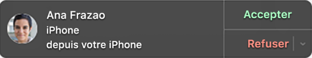 Notification sur un Mac montrant le visage et le nom de l’appelant à gauche et les boutons pour accepter ou refuser l’appel sur la droite