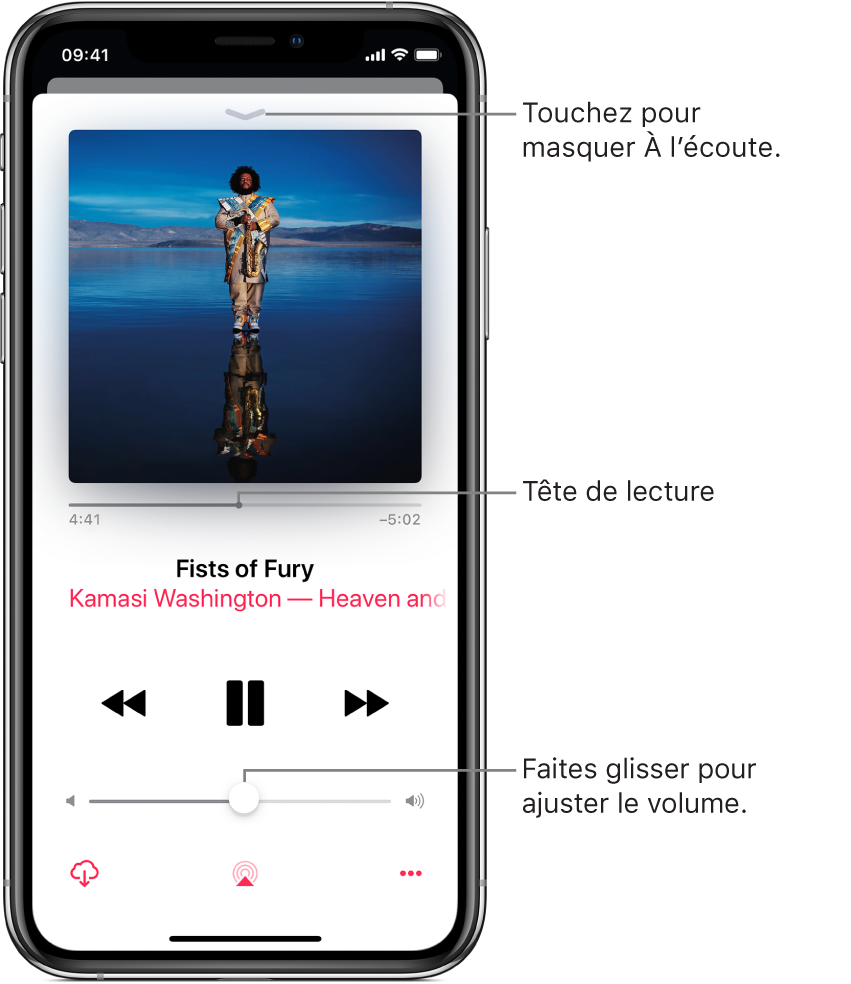 L’écran À l’écoute avec l’illustration de l’album. En dessous se trouvent la tête de lecture, le titre du morceau, le nom de l’artiste et celui de l’album, les commandes de lecture, le curseur de volume, le bouton Télécharger, le bouton Destination pour la lecture et le bouton Plus. Le bouton pour masquer À l’écoute se trouve en haut.