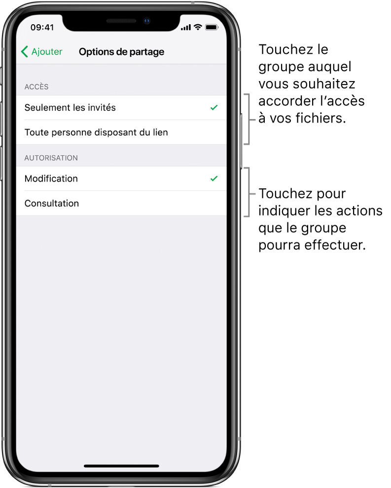 L’écran « Options de partage » affichant les autorisations que vous pouvez définir pour le fichier partagé. En haut se trouvent les options disponibles pour les personnes ayant accès au fichier (uniquement les personnes que vous avez invitées ou celles disposant du lien vers le fichier). En dessous sont présentées les actions que vous voulez autoriser pour ces personnes (apporter des modifications au fichier ou seulement le consulter).