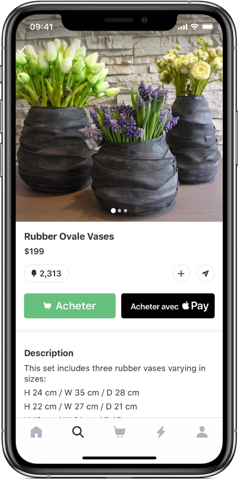Une app affichant un écran de paiement qui inclut le bouton Acheter avec Apple Pay.