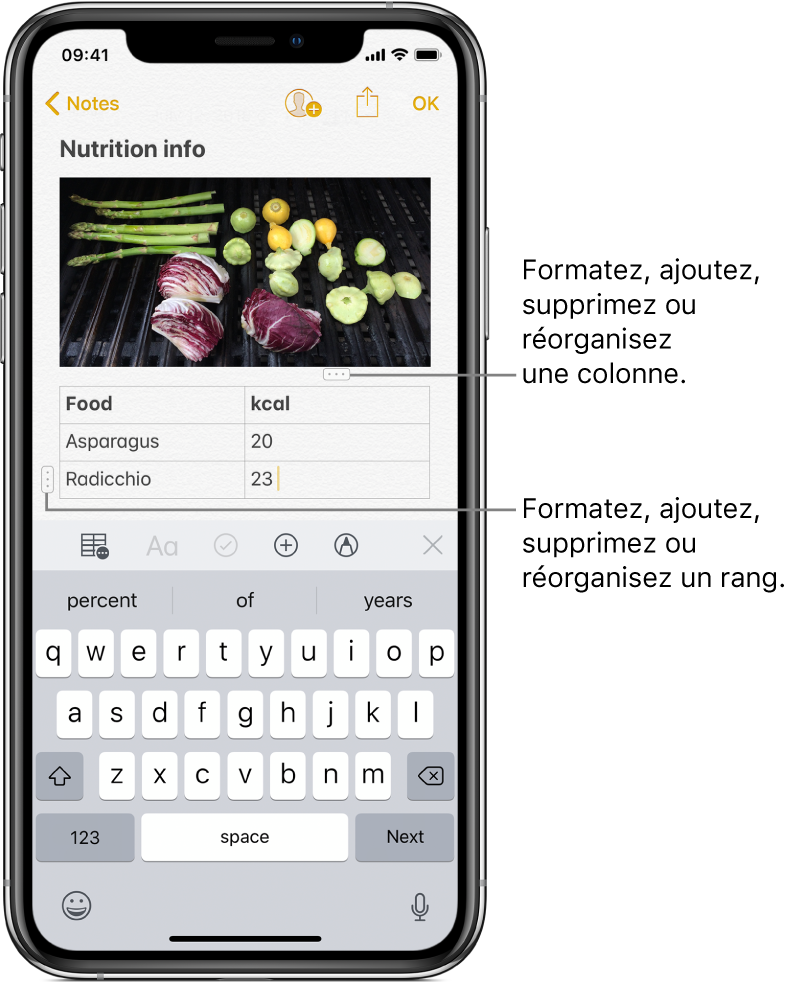 Une note avec un tableau. Le haut d’une colonne montre la poignée de sélection des colonnes, que vous pouvez toucher pour mettre en forme, ajouter, supprimer ou réorganiser la colonne. De la même manière, le début d’un rang montre la poignée de sélection du rang.