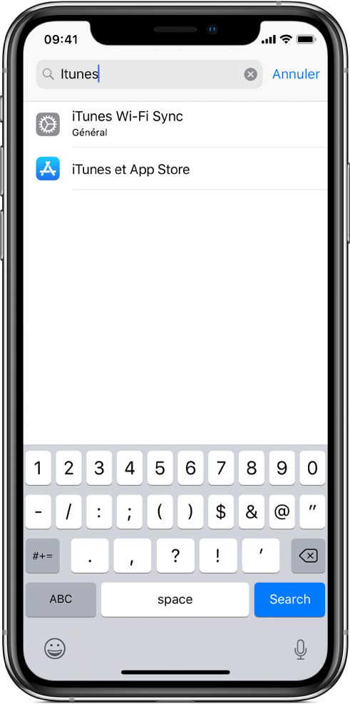 L’écran permettant de rechercher des réglages, avec le champ de recherche en haut de l’écran. La chaîne de recherche « iTunes » apparaît dans le champ de recherche, et deux réglages trouvés s’affichent dans la liste sous le champ de recherche.