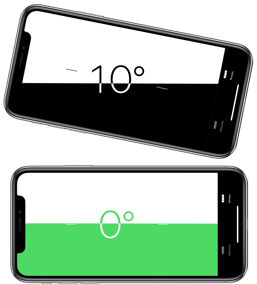 L’écran du niveau à bulle. En haut, l’iPhone est orienté à un angle de dix degrés ; en bas, l’iPhone est à plat.