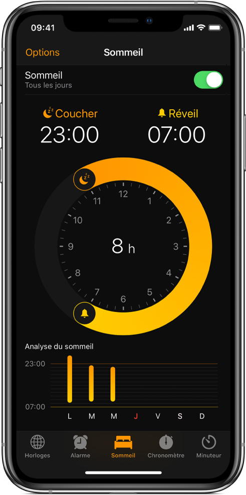 L’onglet Sommeil affichant l’heure de coucher commençant à 23 h et l’heure de réveil à 7 h.