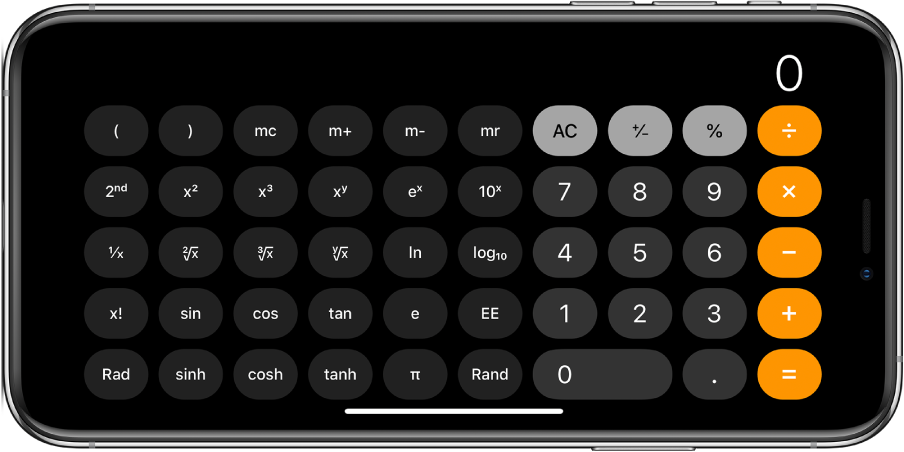 iPhone en orientation paysage affichant la calculette scientifique avec les fonctions exponentielles, logarithmiques et trigonométriques.