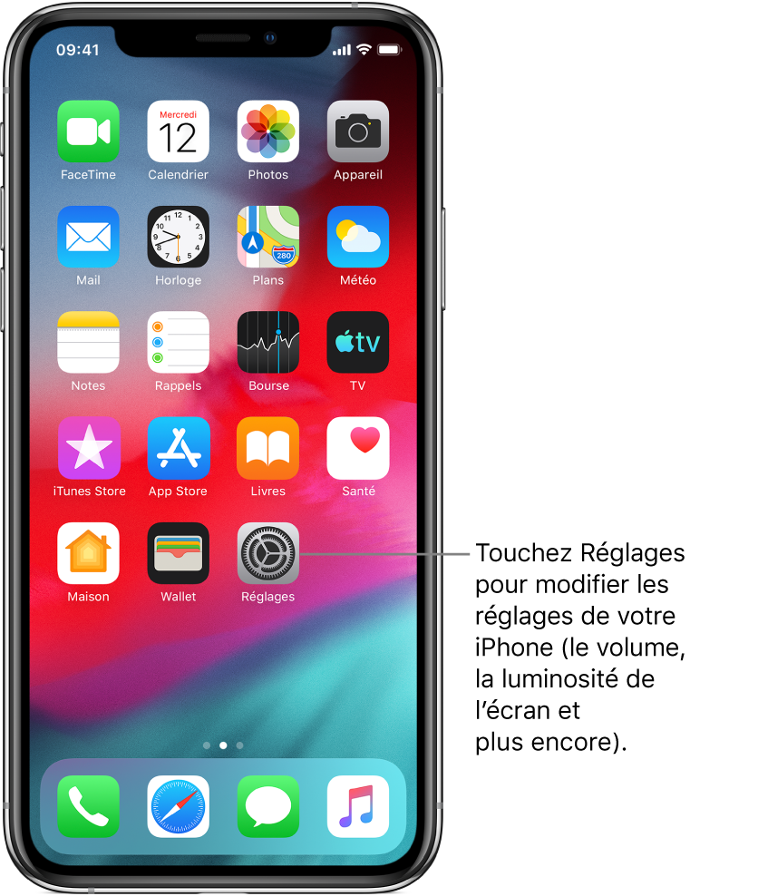 L’écran d’accueil avec plusieurs icônes, notamment l’icône Réglages, que vous pouvez toucher pour modifier le volume, la luminosité de l’écran et d’autres réglages de votre iPhone.