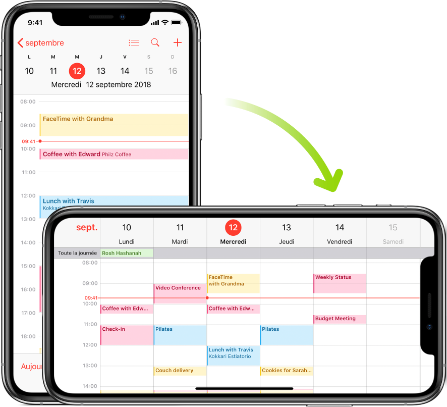 En arrière-plan, l’iPhone affiche un écran Calendrier, avec les événements d’une journée donnée en orientation Portrait. Au premier plan, l’iPhone pivote en orientation Paysage, ce qui permet de consulter les événements de la semaine comprenant la journée précédemment affichée.