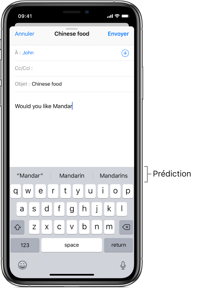 Un message Mail montrant les premiers mots d’un nouveau message, avec des suggestions pour compléter le mot suivant.