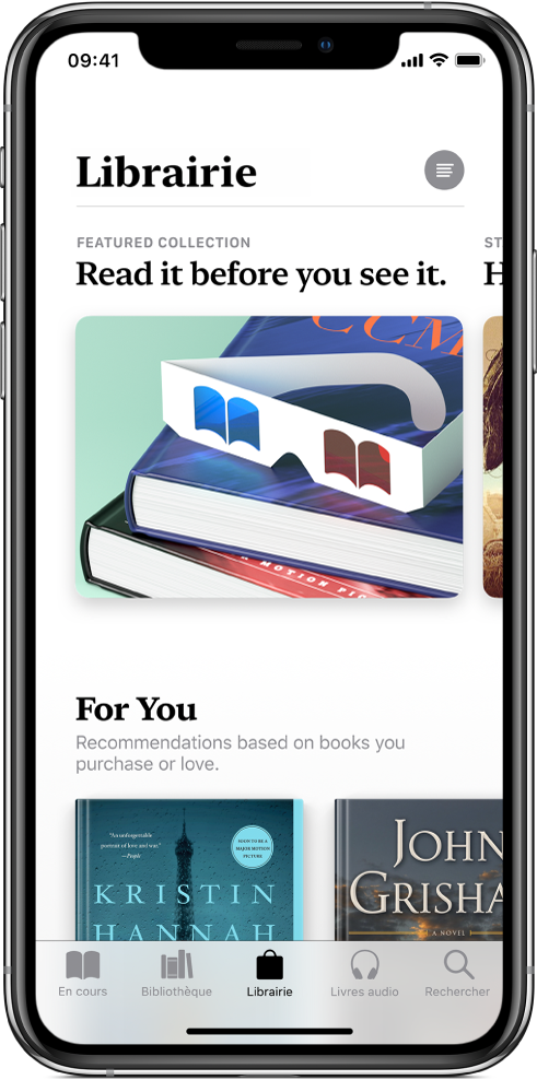 Un écran de la librairie dans l’app Livres. En bas de l’écran se trouvent, de gauche à droite, les onglets En cours, Bibliothèque, Librairie, Livres audio et Rechercher ; l’onglet Librairie est sélectionné. L’écran affiche également des livres et des catégories de livres à parcourir et à acheter.