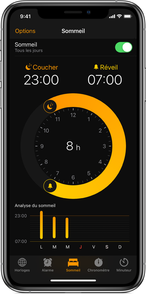 Le bouton Sommeil est sélectionné dans l’app Horloge ; l’heure du coucher est programmée à 23 h et l’heure du réveil est réglée sur 7 h.