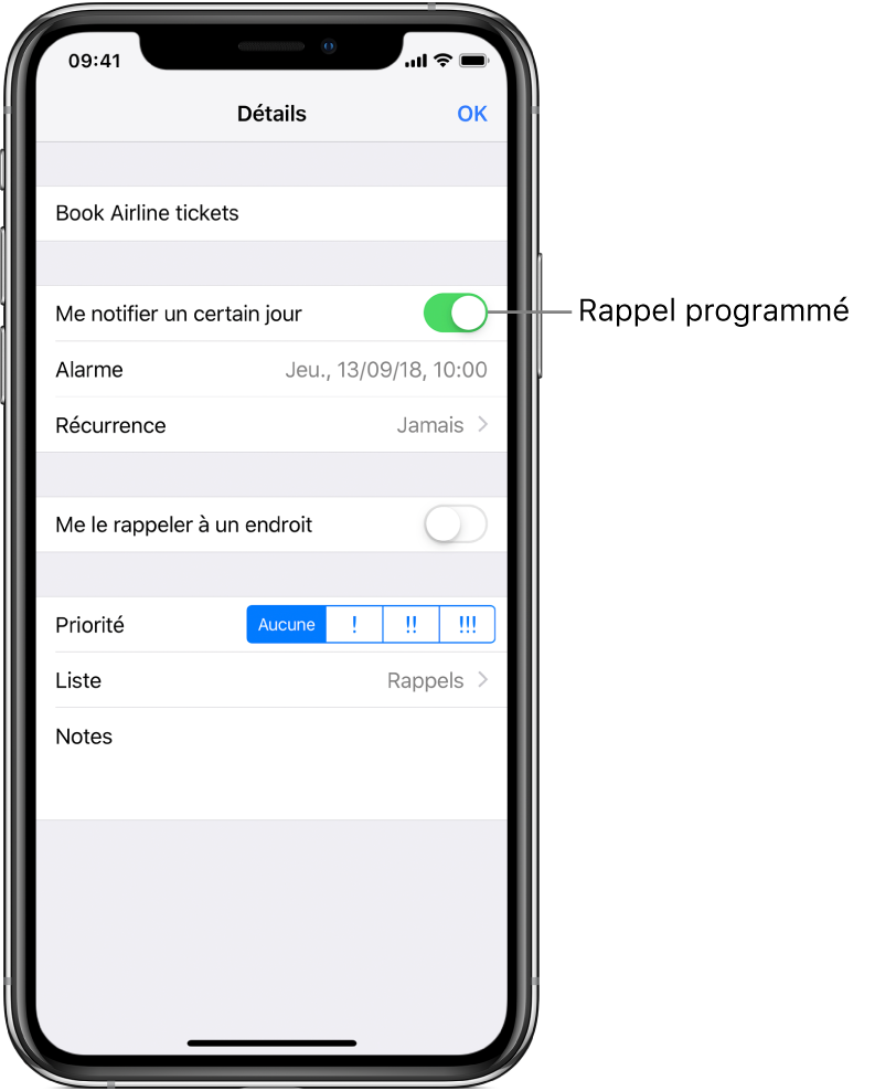 Un écran présentant les détails d’un rappel, avec la commande « Me notifier un certain jour » activée, ainsi que la date et l’heure programmées en dessous.