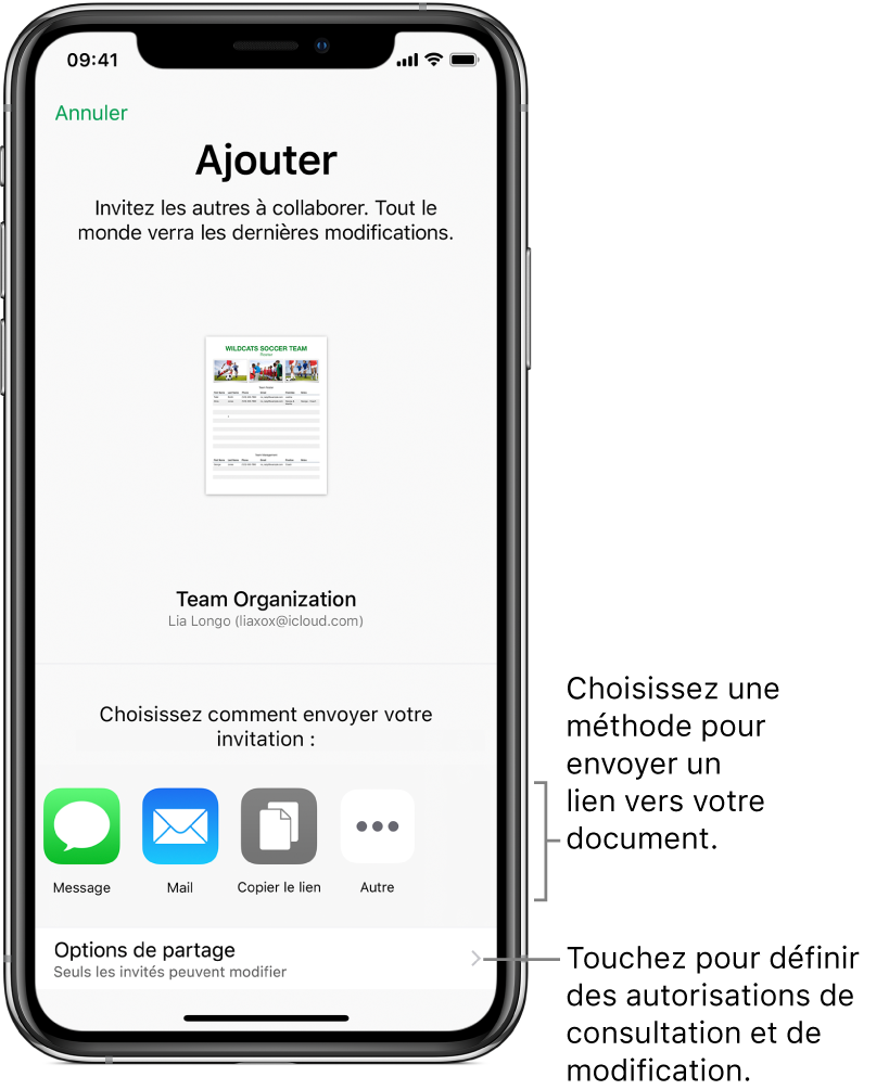 Un écran permettant d’inviter des personnes à consulter et à modifier votre fichier. Les méthodes pour envoyer l’invitation incluent Message et Mail. Les options de partage apparaissent au-dessous.