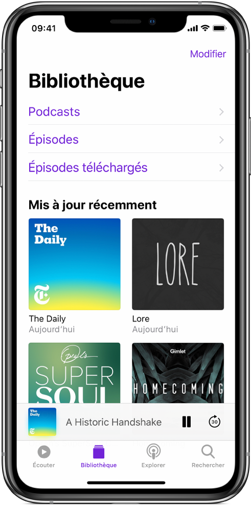 L’onglet Bibliothèque affichant les podcasts récemment mis à jour.