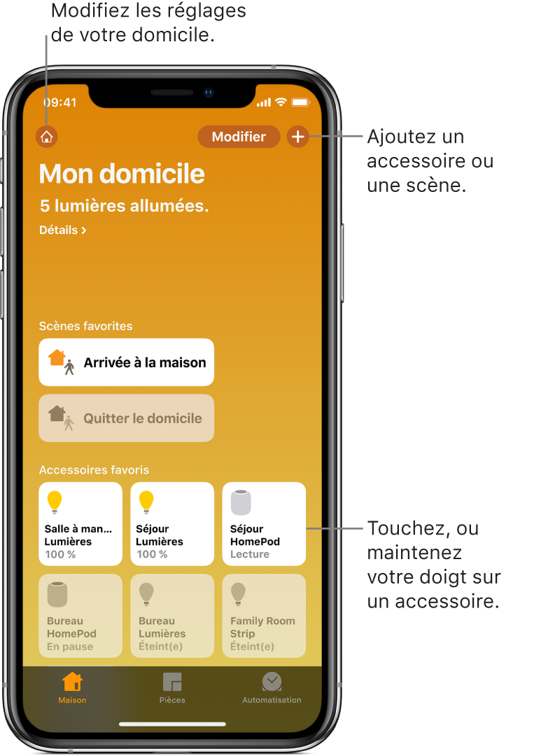 L’onglet Maison, présentant des scènes et des accessoires marqués comme favoris. Un résumé de l’état du domicile est également affiché. Les autres onglets situés en bas sont Pièces et Automatisation.