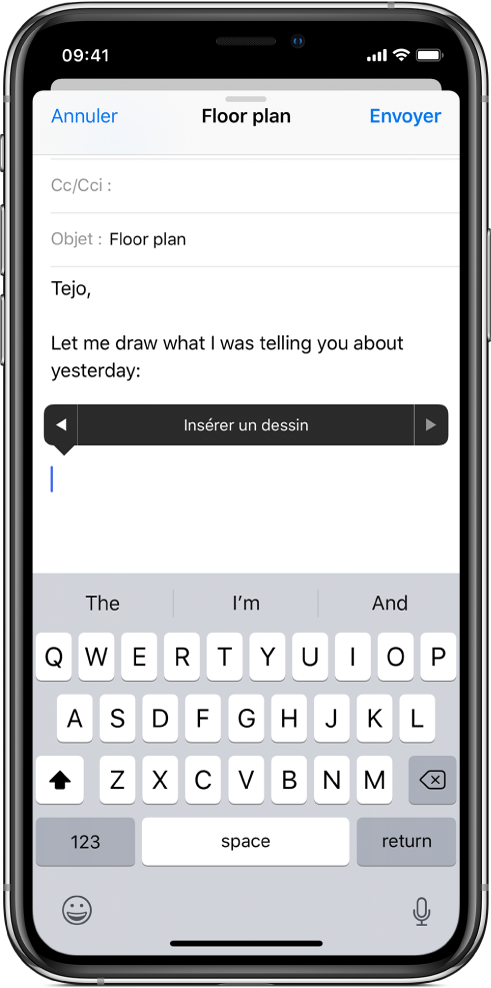 Un écran expliquant comment insérer un dessin dans le corps d’un e-mail. Le bouton Insérer le dessin qui permet d’ouvrir les outils de dessin apparaît dans le corps de l’e-mail.