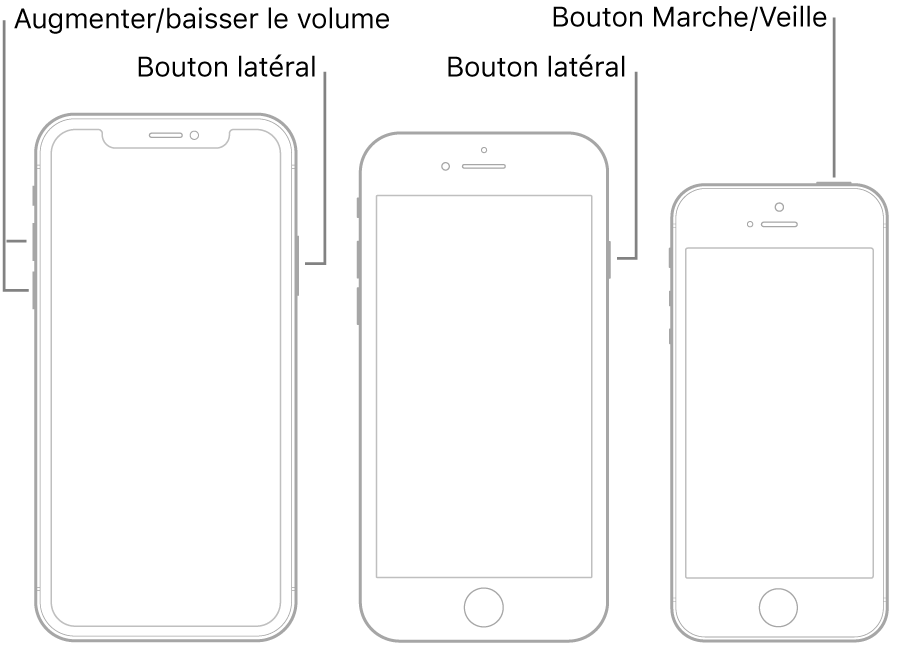 Illustrations de trois types de modèles d’iPhone, avec leur écran vers le haut. L’illustration située la plus à gauche affiche le bouton d’augmentation et de diminution du volume. Le bouton latéral s’affiche à droite. L’illustration centrale affiche le bouton latéral à droite de l’appareil. L’illustration la plus à droite affiche le bouton Marche/Veille en haut de l’appareil.