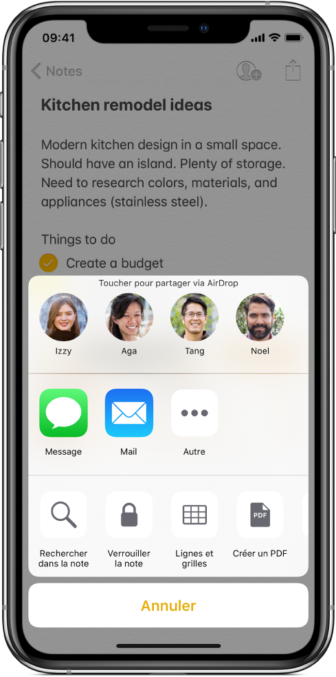 L’écran de partage avec les options de partage dans une note avec AirDrop ou via Messages ou Mail.