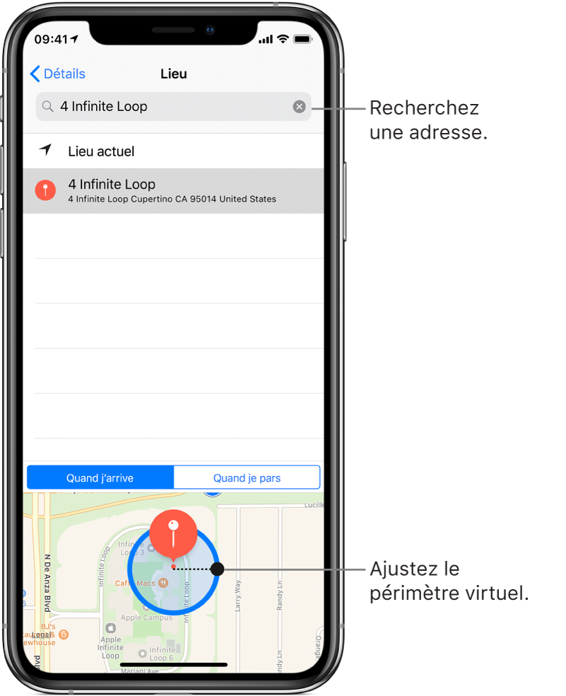 Les détails d’un lieu pour un rappel. En haut de l’écran se trouve le champ de recherche, qui contient une adresse. L’adresse du lieu trouvée dans les résultats de recherche est affichée en dessous. Au bas de l’écran se trouve un plan présentant un périmètre virtuel autour du lieu. Sur le bord droit du périmètre virtuel apparaît un point que vous pouvez faire glisser pour ajuster la taille du périmètre virtuel.