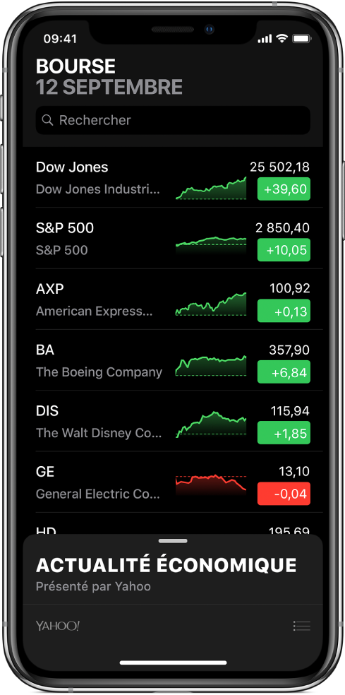 Une liste de suivi présentant plusieurs actions. Pour chaque action figurant dans cette liste apparaissent, de gauche à droite, le symbole et le nom de l’action, un graphique de performances, le cours de l’action et l’évolution de celui-ci. En haut de l’écran, au-dessus de la liste de suivi, se trouve le champ de recherche. Sous la liste de suivi se trouve l’intitulé Actualité économique ; balayez vers le haut sur ce dernier pour afficher les articles.
