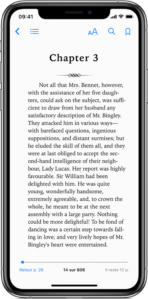 La page d’un livre ouvert dans l’app Livres, avec différents boutons de gauche à droite en haut de l’écran pour fermer le livre, consulter la table des matières, modifier le texte, effectuer une recherche et ajouter des signets. Un curseur apparaît en bas de l’écran.