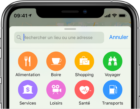 Les boutons des huit services s’affichent en dessous du champ de recherche. Les boutons dans le rang du haut sont Manger, Boire, Shopping et Voyager. Les boutons dans le rang du bas sont Services, Loisirs, Santé et Transports.