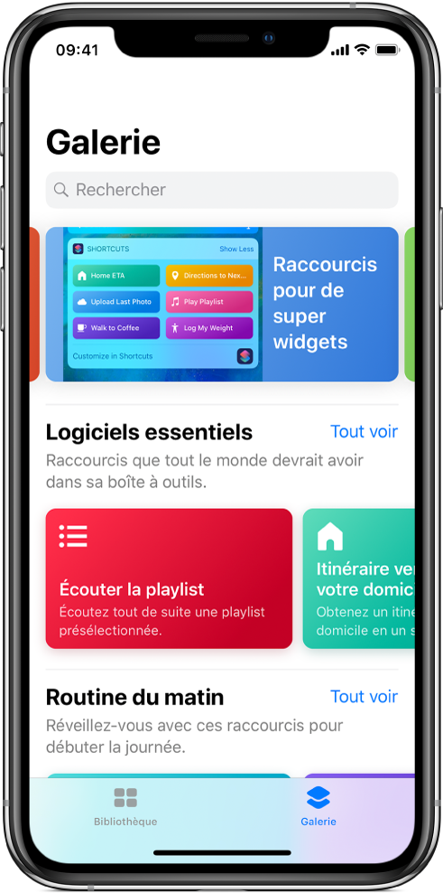 L’onglet Galerie dans l’app Raccourcis, avec des suggestions de raccourcis.