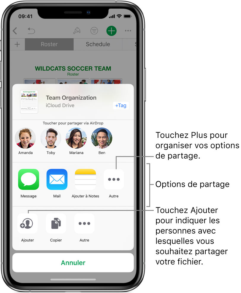 L’écran « Partager des fichiers ». En haut se trouve le fichier sélectionné à partager. Au-dessous se trouvent les personnes avec lesquelles vous pouvez partager l’élément à l’aide d’AirDrop. Le rang suivant présente des options de partage, notamment Message, Mail, Ajouter à Notes et Autre. Le rang du bas dispose de boutons pour les actions, notamment Ajouter des personnes, Copier et Autre.