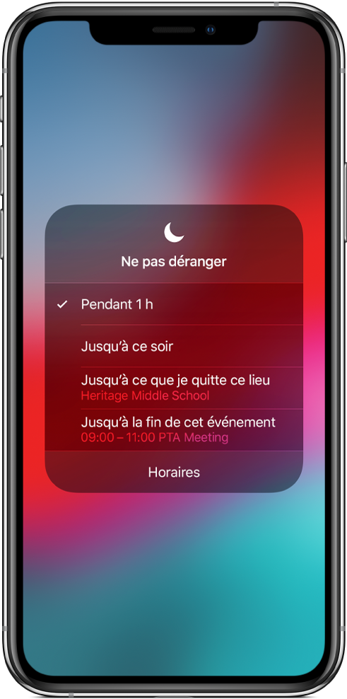 L’écran de sélection de la durée de la fonctionnalité « Ne pas déranger ». Les différentes options disponibles sont : Pendant 1 heure, Jusqu’à ce soir, Jusqu’à ce que je quitte ce lieu et Jusqu’à la fin de cet événement.