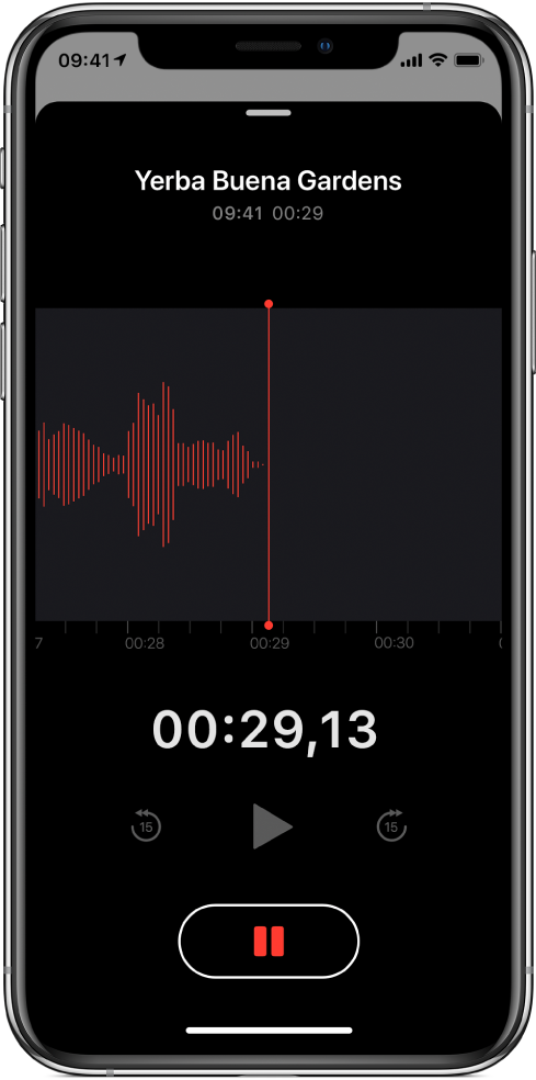 Écran Dictaphone montrant un enregistrement en cours.