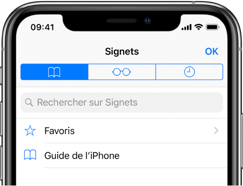 L’écran Signets, avec des options permettant de voir vos favoris et votre historique de navigation, ainsi que vos signets.