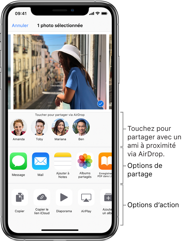 L’écran Partage AirDrop. En haut sont présentes des photos que vous pouvez sélectionner et partager. Au-dessous se trouvent les personnes avec lesquelles vous pouvez partager l’élément à l’aide d’AirDrop. Le rang suivant présente des options de partage, notamment Message, Mail, Albums partagés, etc. Le rang du bas affiche d’autres actions, notamment Copier, Diaporama et AirPlay.